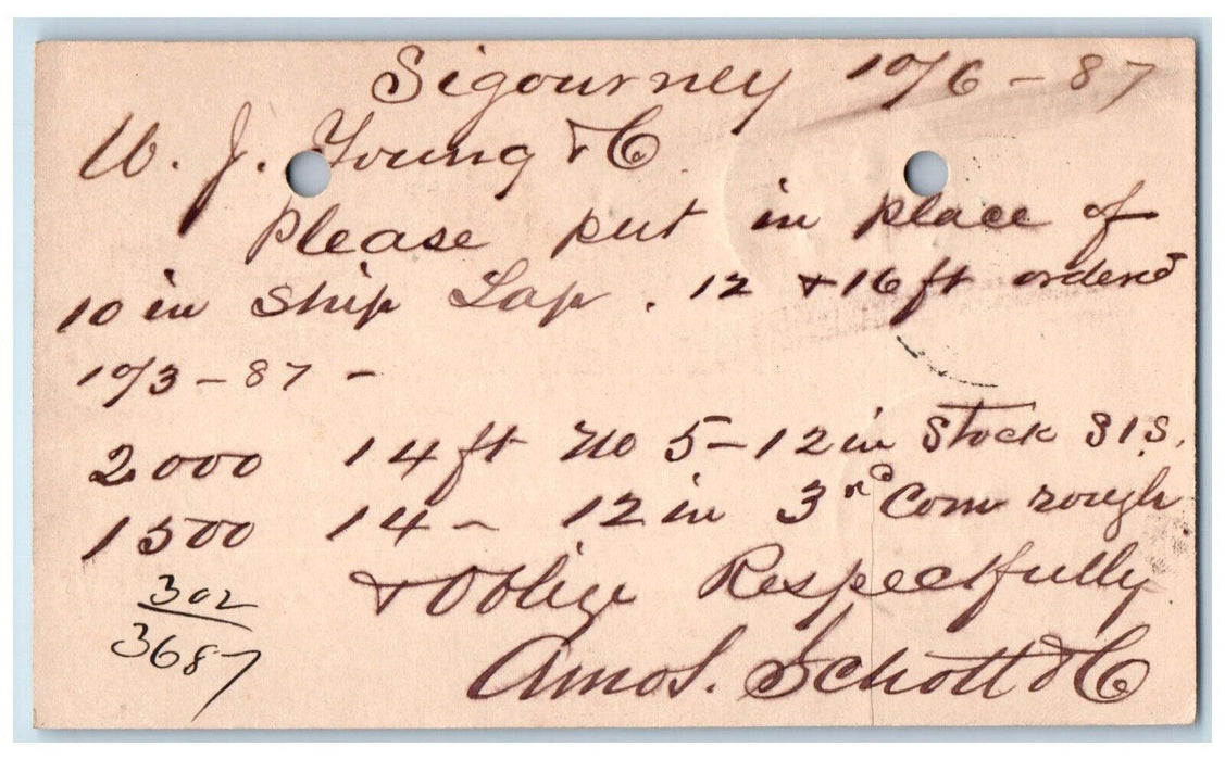 1887 Amos. Schott & Co. Sigourney Iowa IA Clinton IA Antique Postal Card