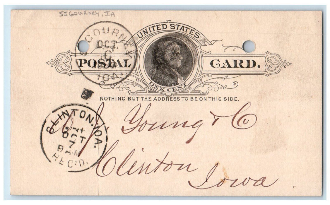1887 Amos. Schott & Co. Sigourney Iowa IA Clinton IA Antique Postal Card