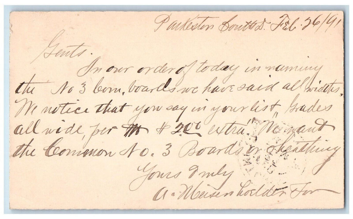 1891 A. Meisen Hoelder Parkston South Dakota SD Clinton IA Postal Card