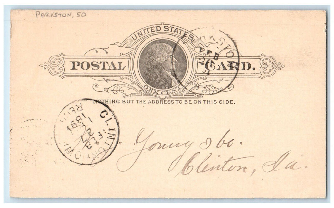 1891 A. Meisen Hoelder Parkston South Dakota SD Clinton IA Postal Card