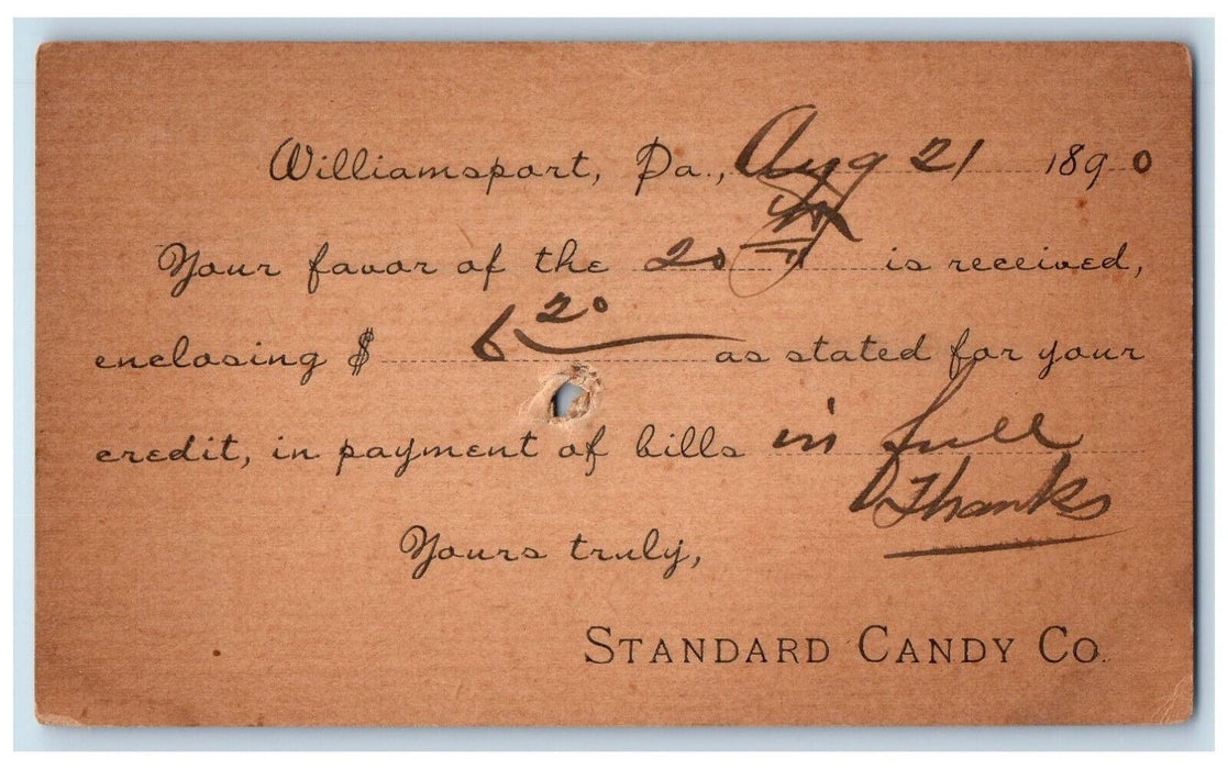 1890 Standard Candy Co. Williamsport Pennsylvania PA Fleming PA Postal Card