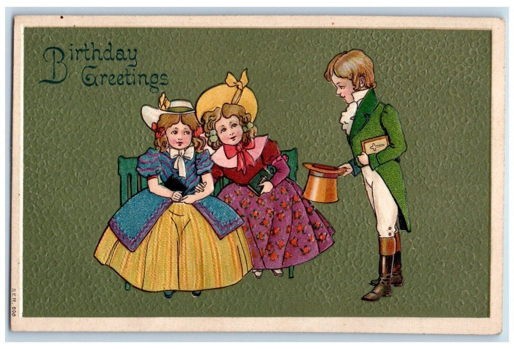 c1910's Birthday Greetings Pretty Girls Boy Hat Embossed Antique Postcard