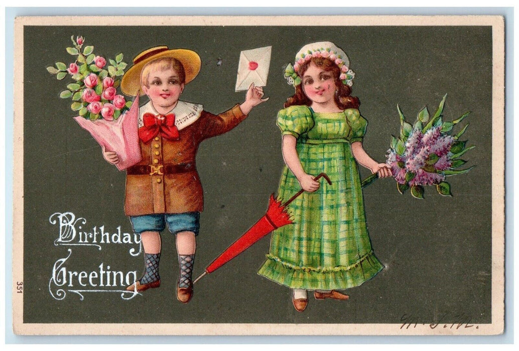 1907 Birthday Greetings Children Flowers Letter Umbrella Embossed Postcard