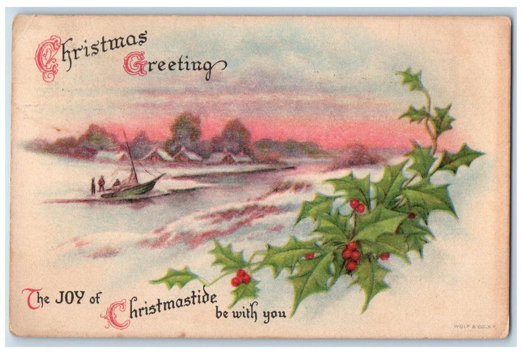 1911 Christmas Greeting Berries Sailboat Wolf Embossed Jamestown NY Postcard