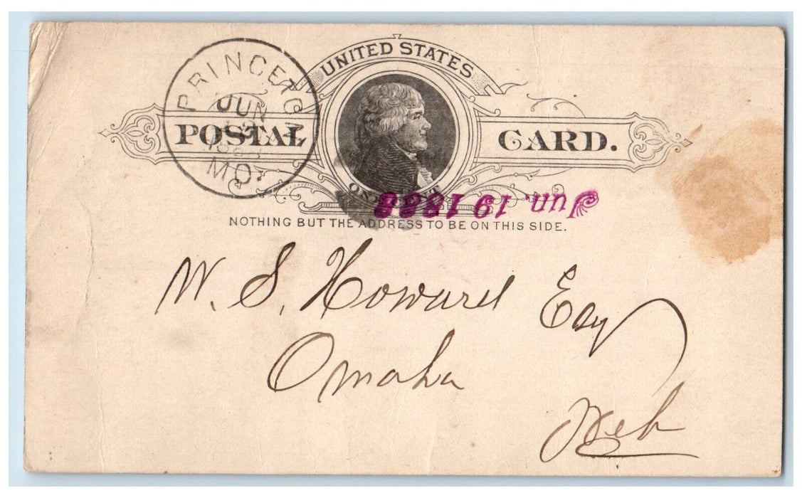 1888 Joseph P Bailes WS Howard Princeton Missouri MO Omaha NE Postal Card