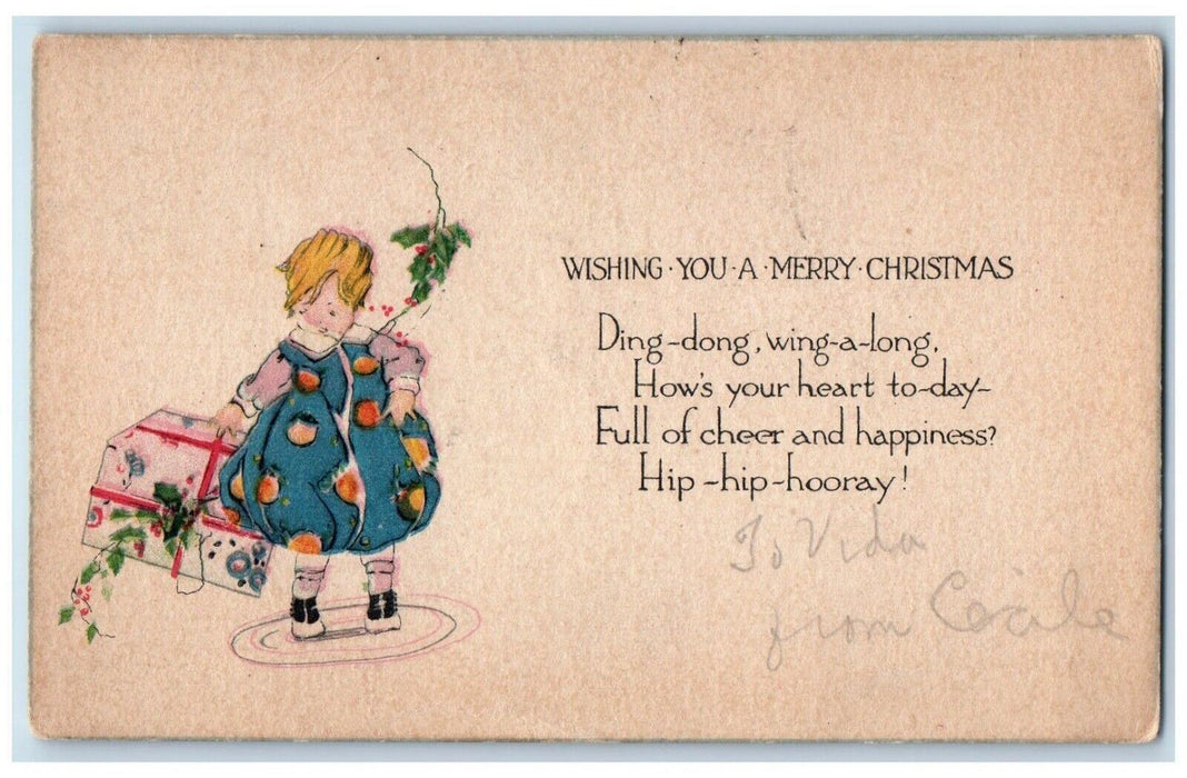 c1910's Merry Christmas Girl With Present Holly Berries Arts Crafts Postcard