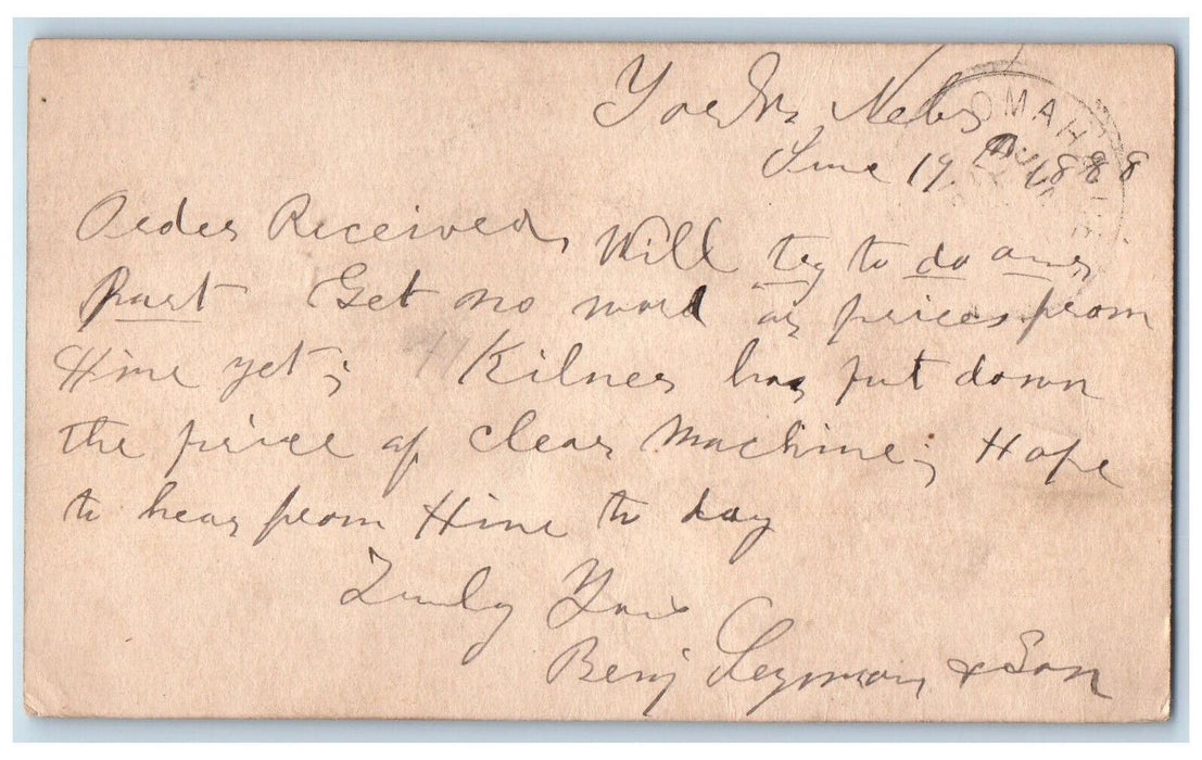 1888 Price of Clear Machine York Nebraska NE Omaha NE Antique Postal Card