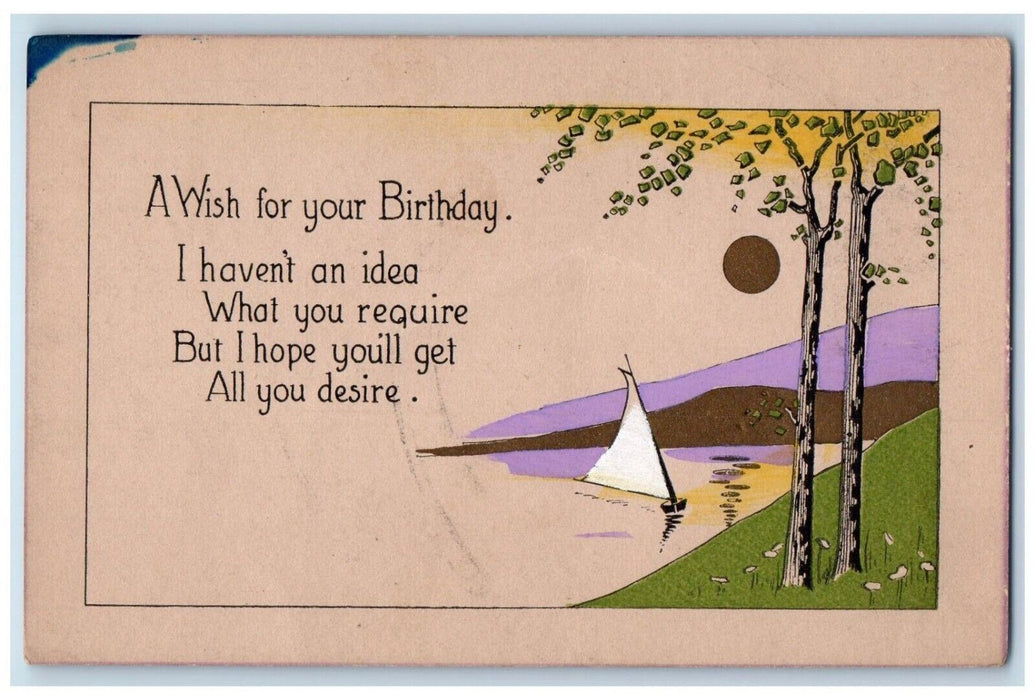 c1910's Birthday Arts Crafts Sailboat And Trees Posted Antique Postcard