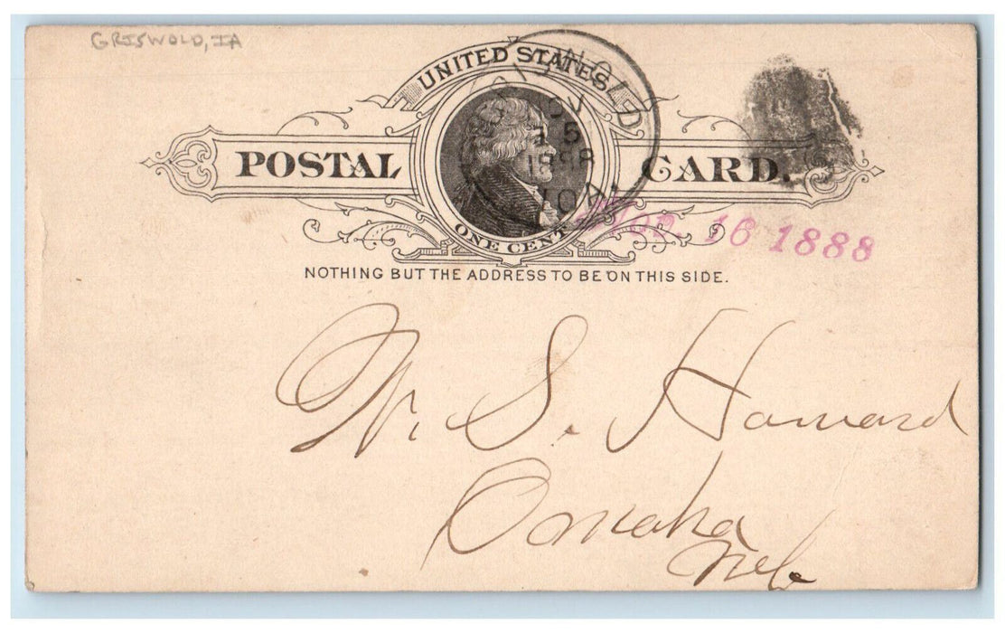 1888 WS Howard Griswold Iowa IA Omaha NE Antique Posted Postal Card
