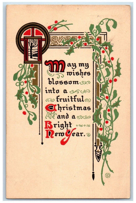 c1910's Christmas And New Year Holly Berries Arts Crafts Posted Antique Postcard