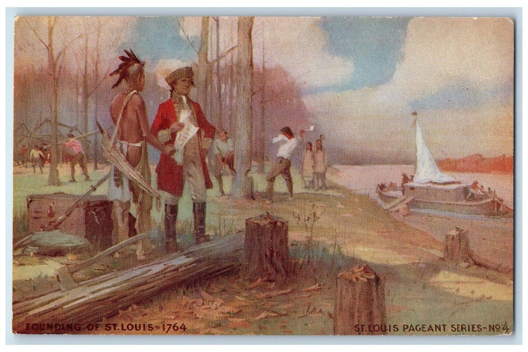 c1910's Founding Of St. Louis Missouri MO, Indian Cutting Trees Boat Postcard