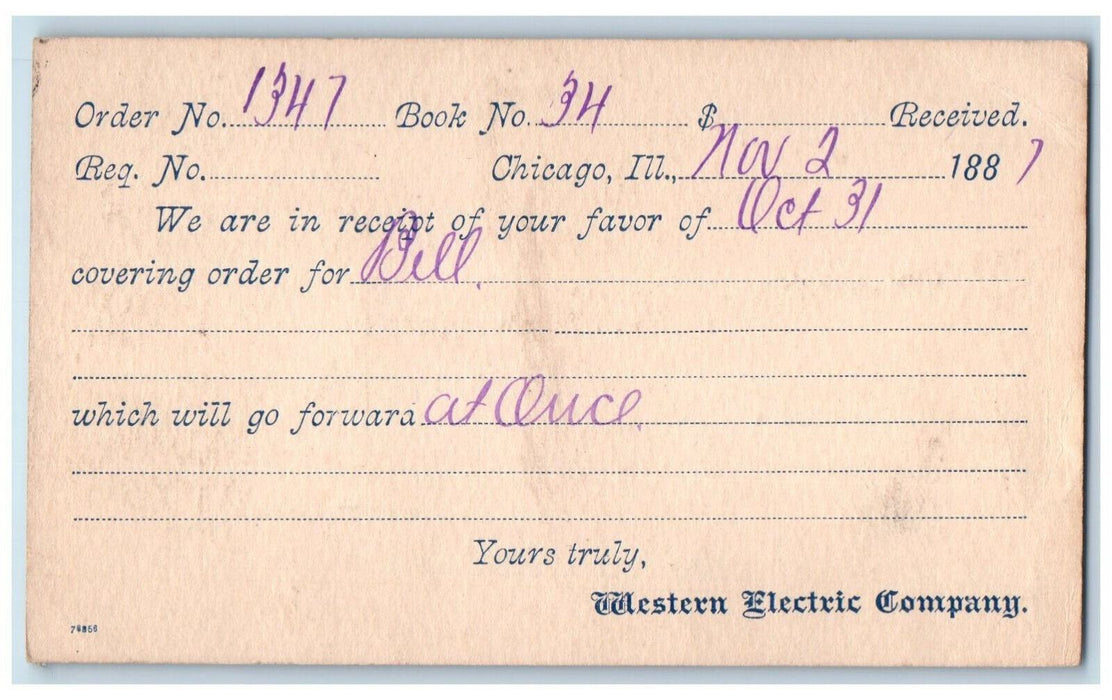 1887 Western Electric Company Northern Pacific Coal Chicago IL Postal Card