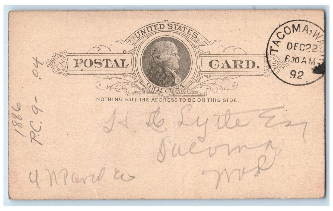 1892 Letter from HD Lyte Tacoma Washington WA Antique Posted Postal Card