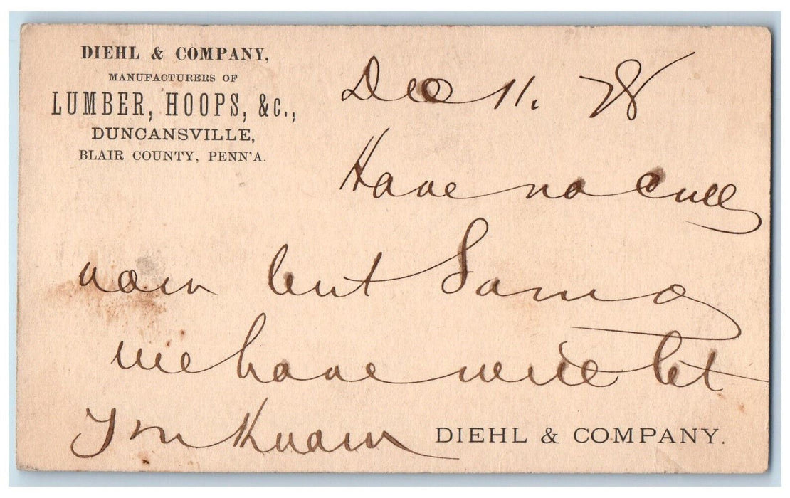 1892 Diehl & Company Blair County Pennsylvania PA Altoona PA Postal Card