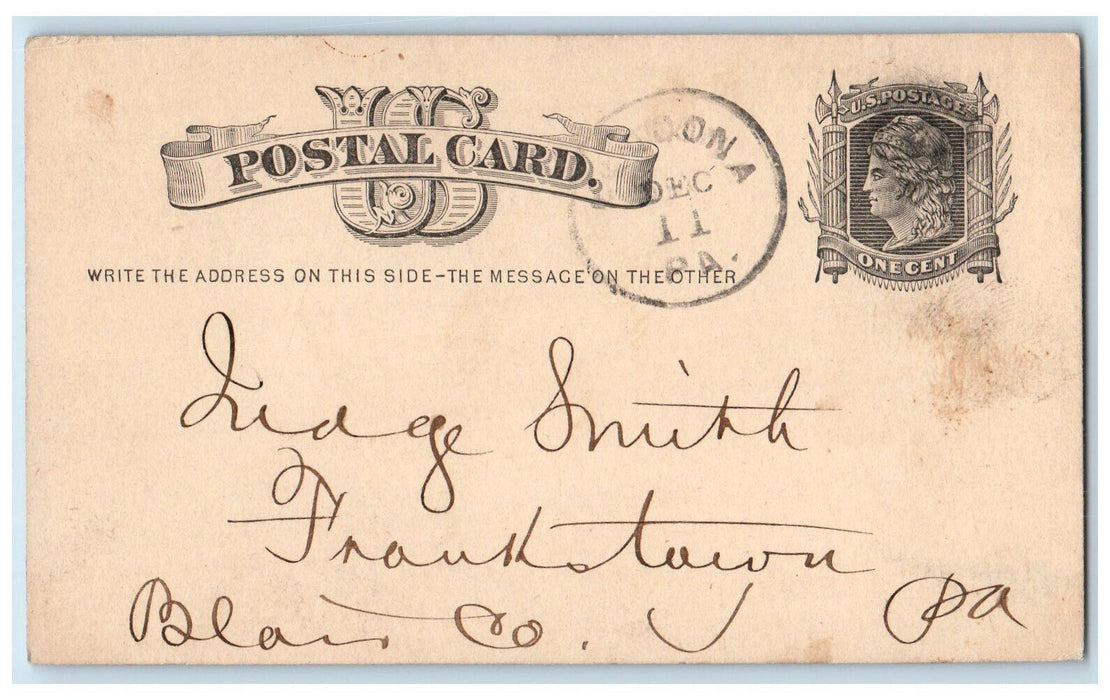 1892 Diehl & Company Blair County Pennsylvania PA Altoona PA Postal Card