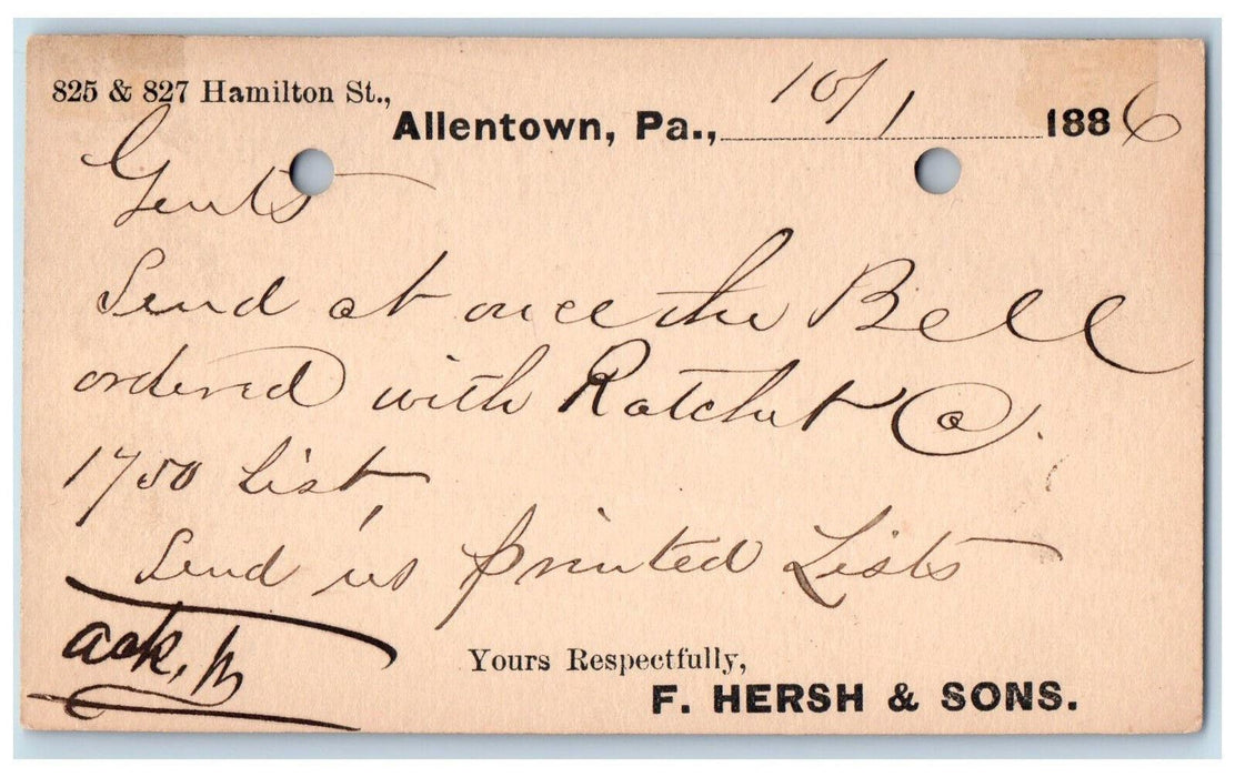 1886 F. Hersh & Sons Allentown Pennsylvania PA Lebanon PA Antique Postal Card