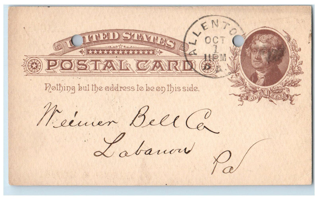 1886 F. Hersh & Sons Allentown Pennsylvania PA Lebanon PA Antique Postal Card