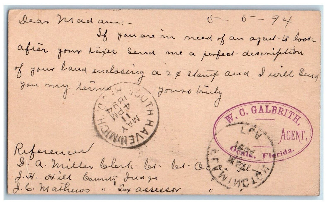 1894 WC Galbrith Ocala Flemington Florida FL South Haven Michigan MI Postal Card