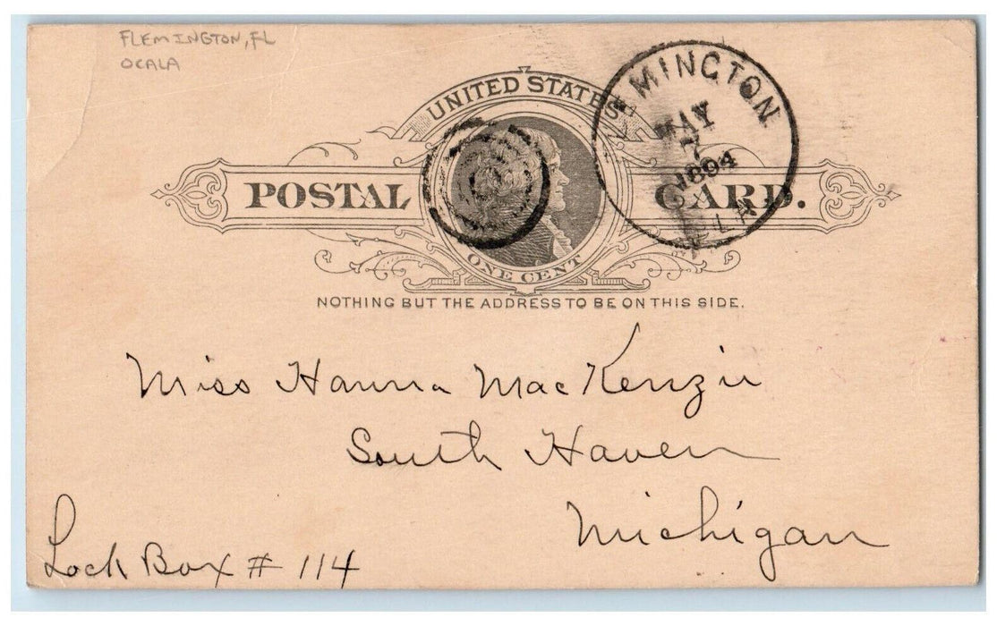 1894 WC Galbrith Ocala Flemington Florida FL South Haven Michigan MI Postal Card