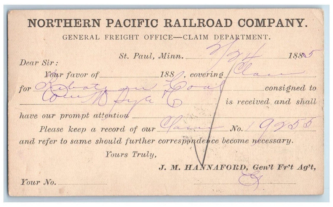 1885 Northern Pacific Railroad Company St. Paul Minnesota MN Posted Postal Card