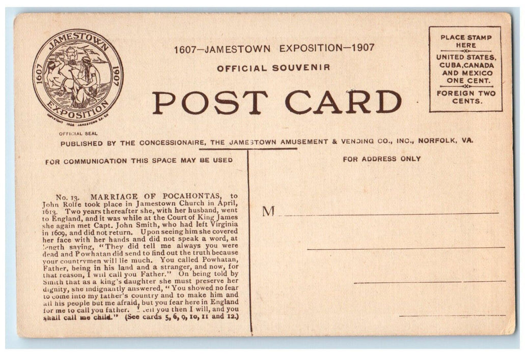 1907 Marriage Of Pocahontas To John Rolfe Jamestown Exposition Vintage Postcard