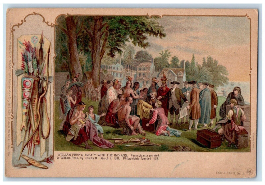 c1905 William Penn's Treaty With The Indian's By Charles II Antique Postcard