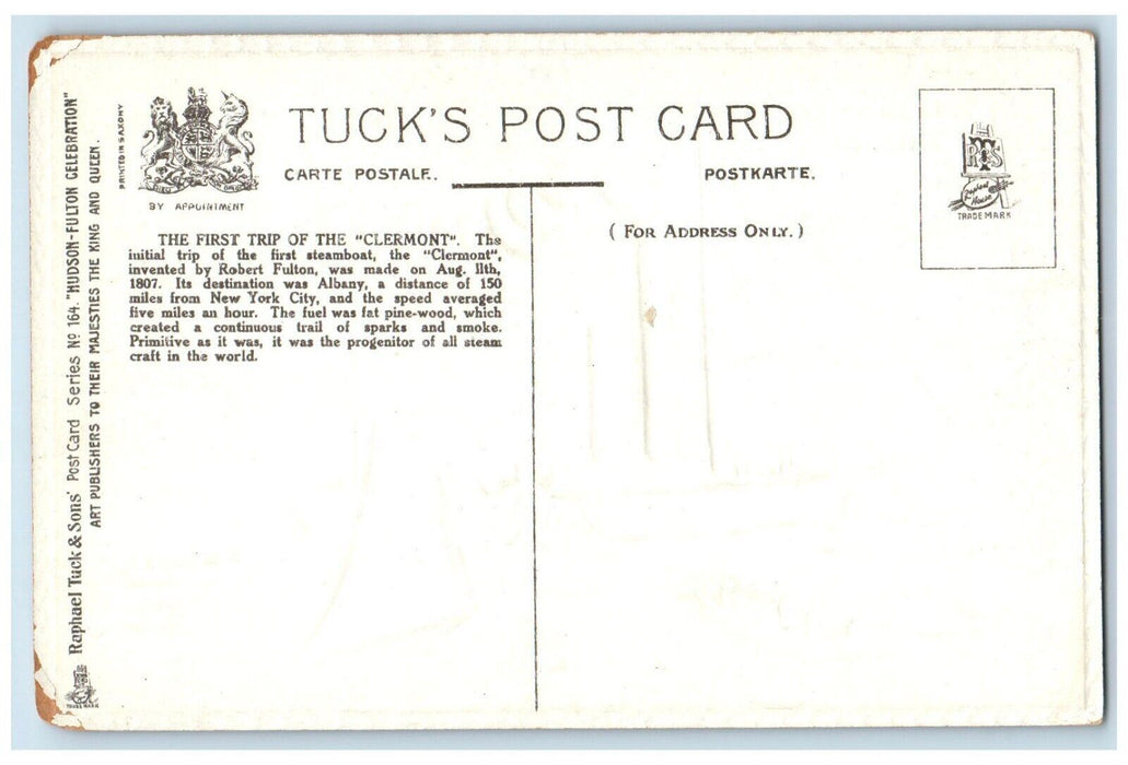c1910's The First Trip Of The Clermont Steamboat Robert Fulton Tuck's Postcard