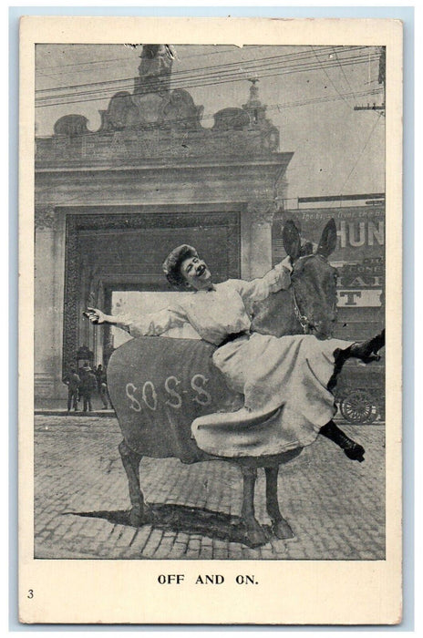 1910 Woman Surreal Riding Donkey Off And On Posted Antique Postcard