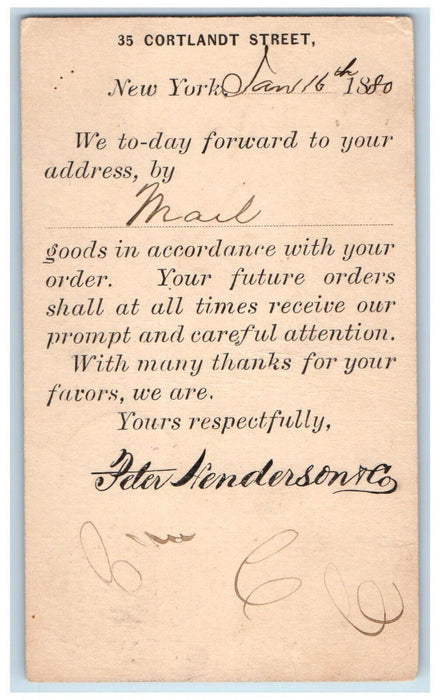 1880 Peter Henderson & Co. New York City NY Suffield CT Postal Card