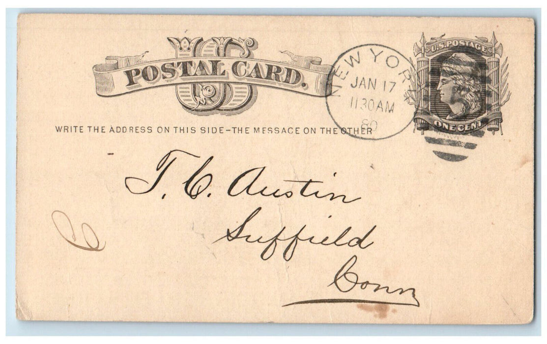 1880 Peter Henderson & Co. New York City NY Suffield CT Postal Card