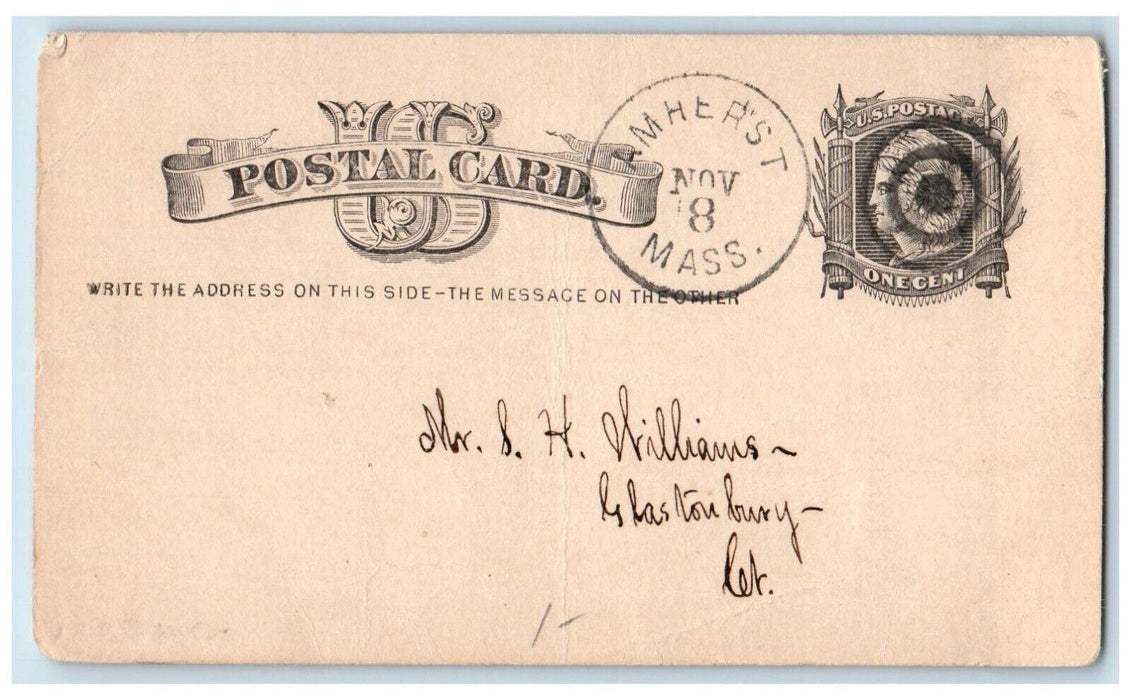 1881 TC Elliott SH Williams Amherst Massachusetts MA Glastonbury CT Postal Card