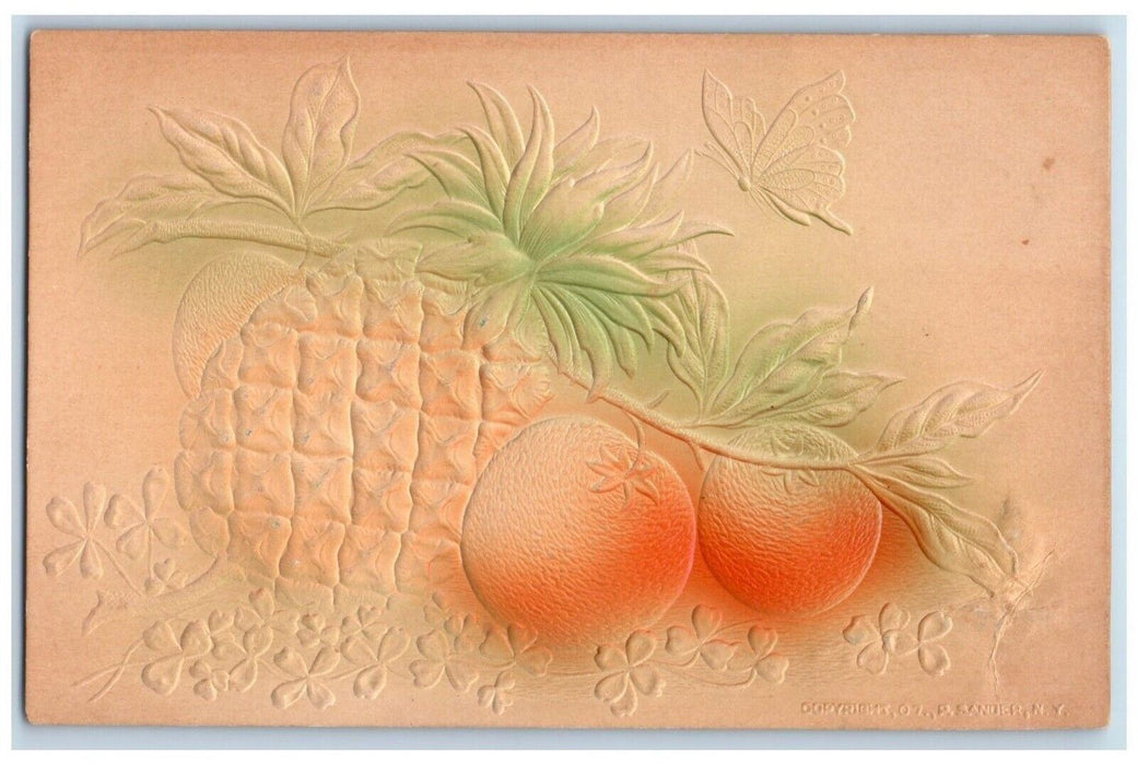 Pineapple And Orange Shamrock Butterfly Airbrushed Embossed Sander Postcard