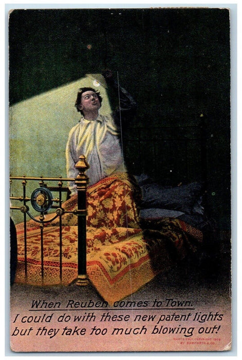 1909 Boy Reuben Bedroom Gas Light Humor Bamforth Posted Antique Postcard