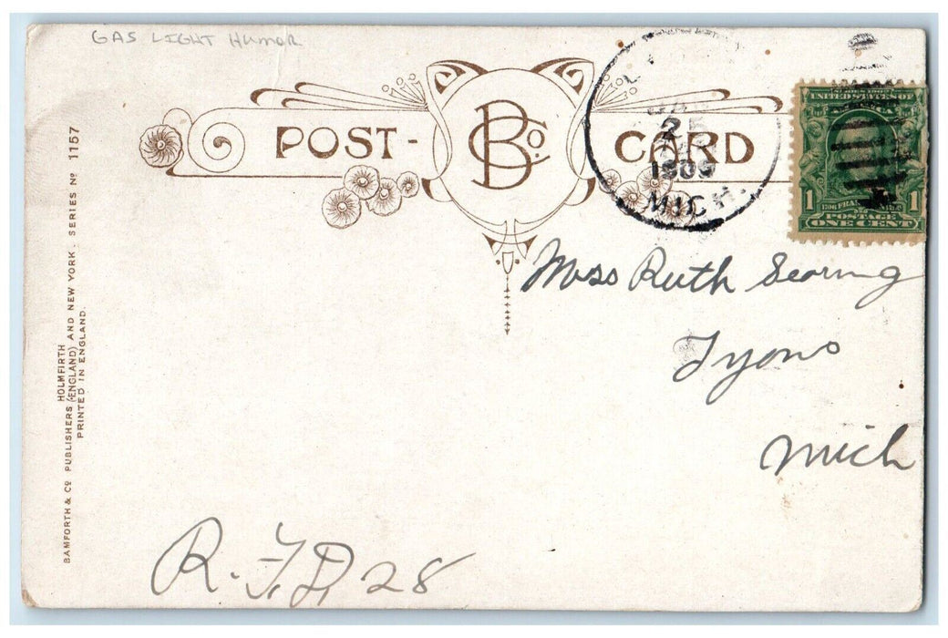 1909 Boy Reuben Bedroom Gas Light Humor Bamforth Posted Antique Postcard