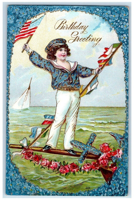 c1910's Birthday Greetings Boy Flags Colonial Roses Pansies Flowers Postcard