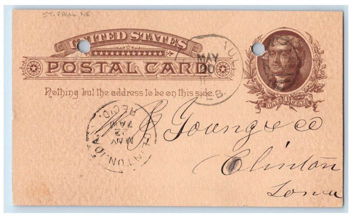 1886 Price of Pease St. Paul Nebraska NE Clinton Iowa IA Postal Card