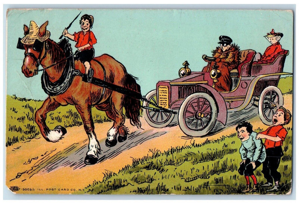 1906 Horse Pulling Car Old Woman Shouting Thompsonville Illinois IL Postcard