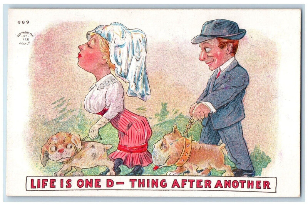 c1910's Man And Woman With Dogs Life Is One D Thing After Another Postcard