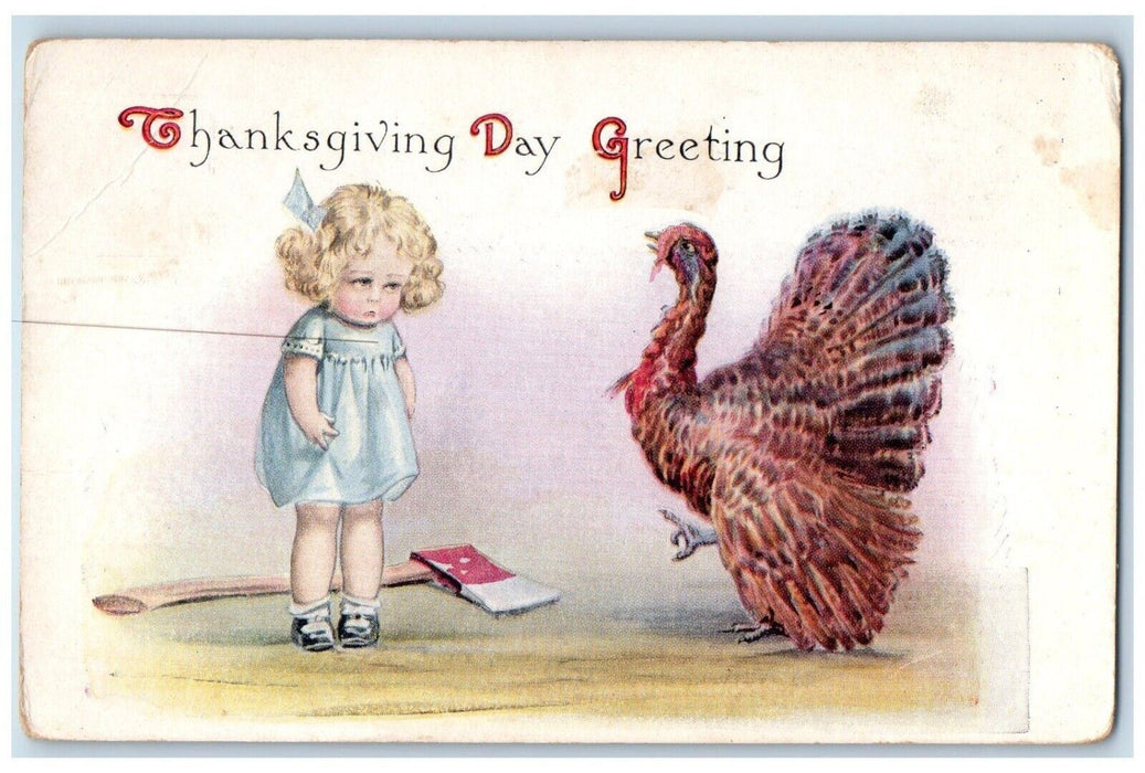 c1910's Thanksgiving Greeting Hatchet Little Girl Turkey Posted Antique Postcard