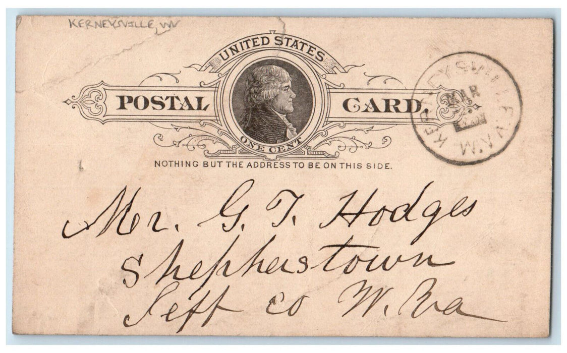 1889 EO Payne CM Stump Kerneysville WV Shepherdstown WV Antique Postal Card