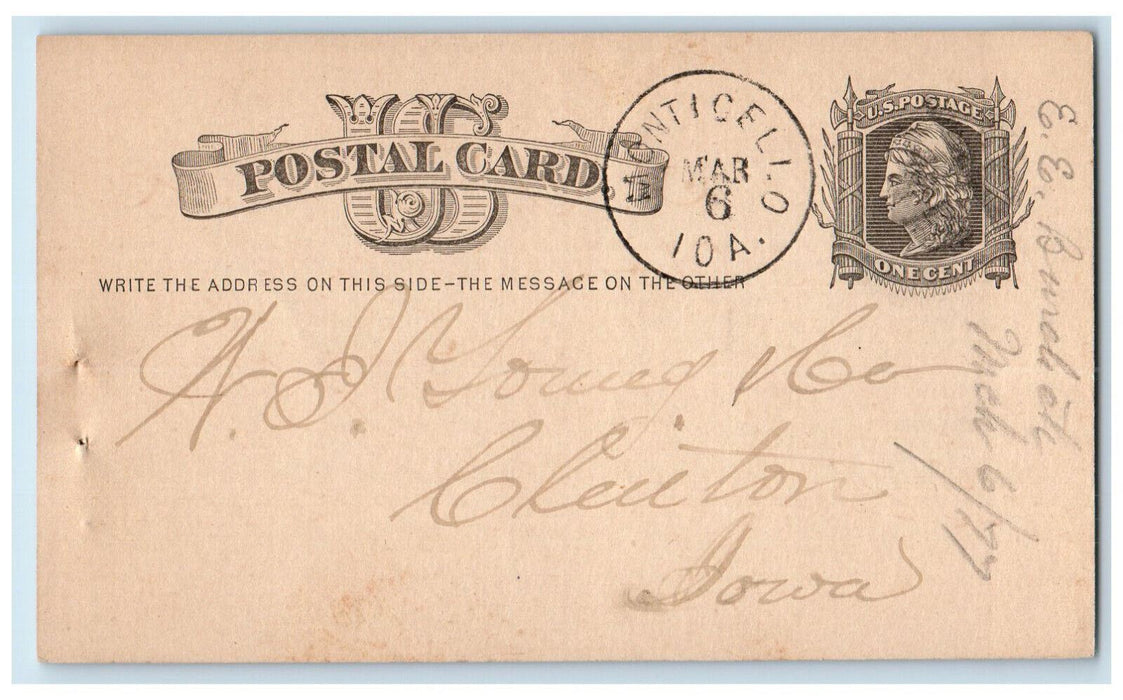1876 Lumber Order Monticello Iowa IA Clinton IA Antique Posted Postal Card