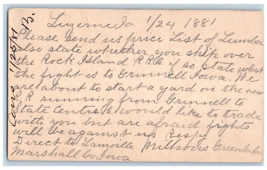 1881 Price List of Lumber Luzerne Iowa Clinton IA Antique Postal Card