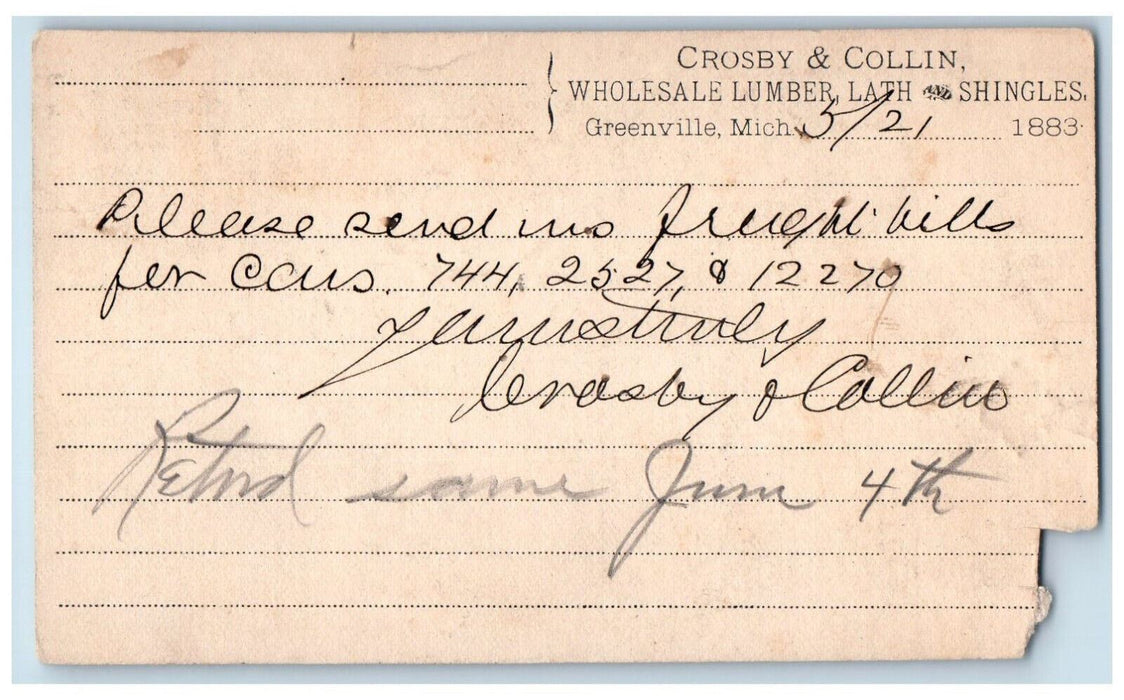 1883 Crosby & Collin Wholesale Lumber Greenville Michigan MI Postal Card