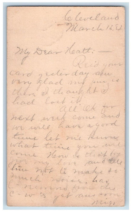 1882 Letter to Miss Neattie Cleveland Ohio OH Elyria Ohio OH Postal Card