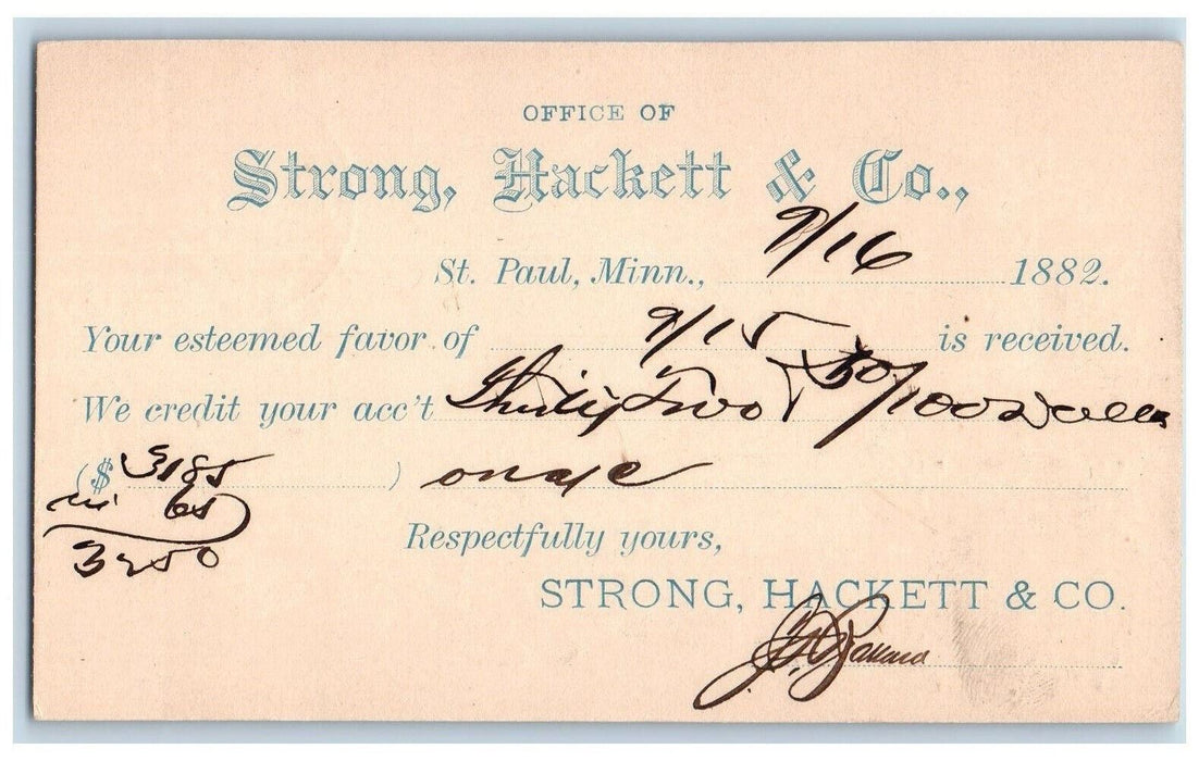 1882 Strong Hackett & Co. St. Paul Minnesota MN Litchfield MN Postal Card