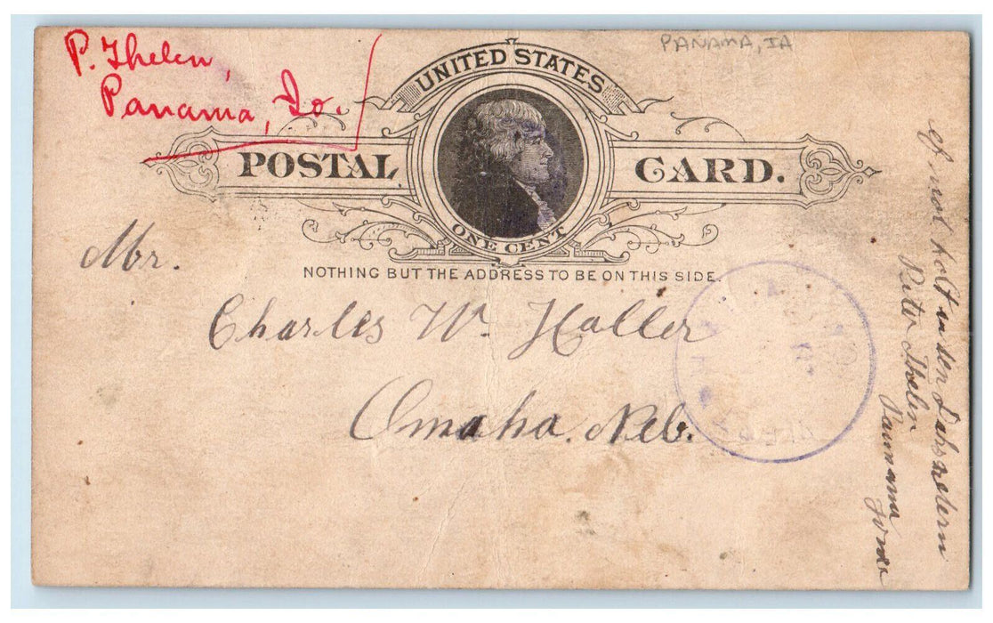1887 Peter Thelen CW Haller Panama Iowa IA Omaha Nebraska NE Postal Card