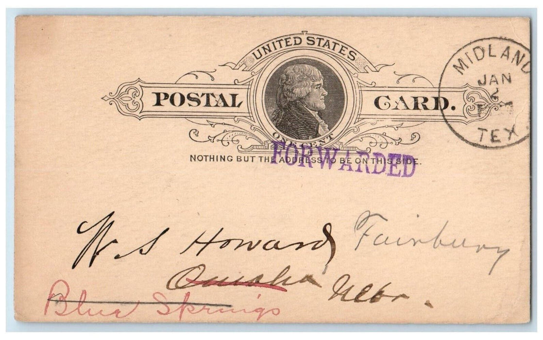 1893 Tax Collector Message Midland Texas TX Omaha Nebraska NE Postal Card