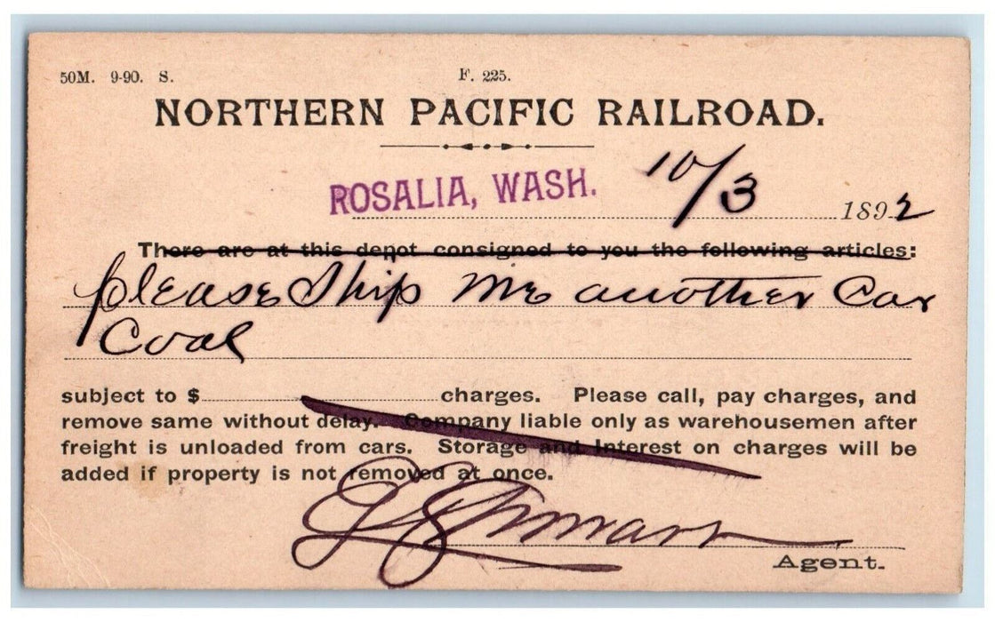 1892 Northern Pacific Railroad Rosalia Washington WA Posted Postal Card