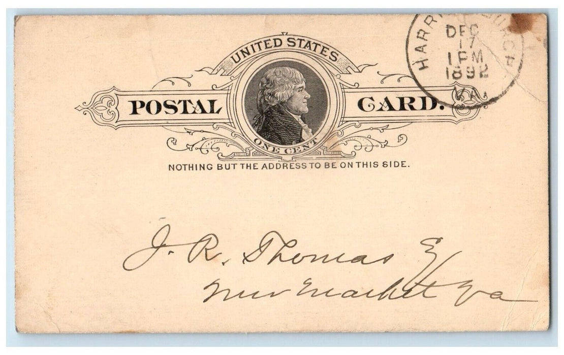 1892 First National Bank Harrisonburg Virginia VA Antique Postal Card