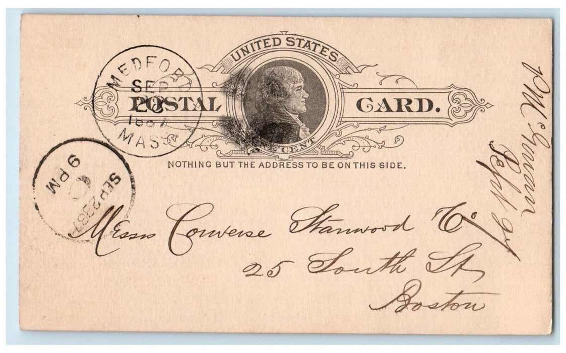 1887 PM Gowan Converse Stanwood Medford Boston Massachusetts MA Postal Card